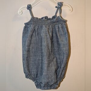 💙 Old Navy Blue Chambray Smocked Ruffled Cotton Baby Romper 3-6 Months